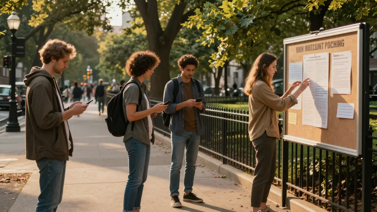 People in a park unaware an invisible AI is quietly managing their daily lives.