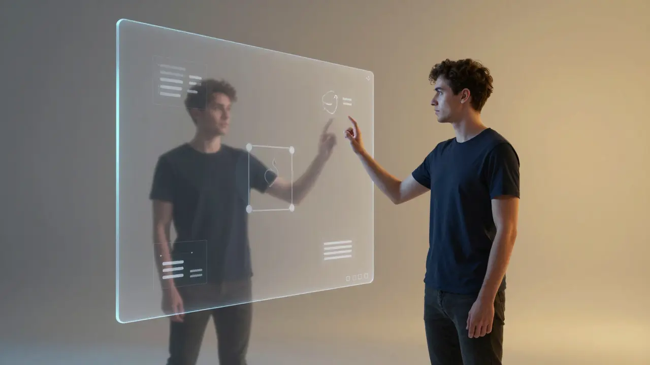 Person beside transparent AI interface reflecting their own image and digital tools.