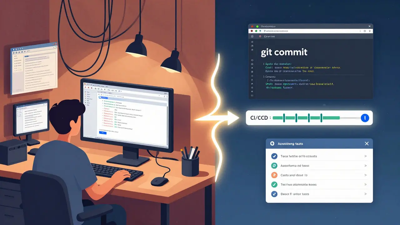 Split scene: chaotic coding vs. smooth automated workflow with passing tests.