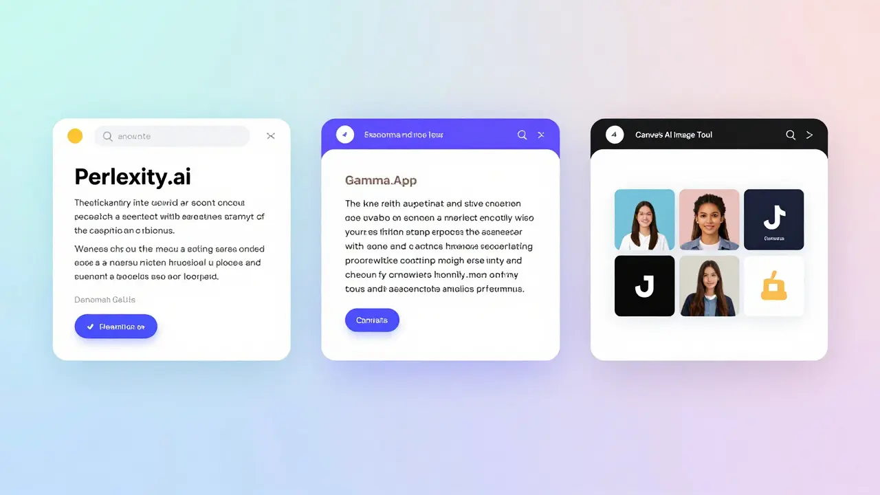Three AI tools in browser tabs showing summarization, presentation, and image generation.