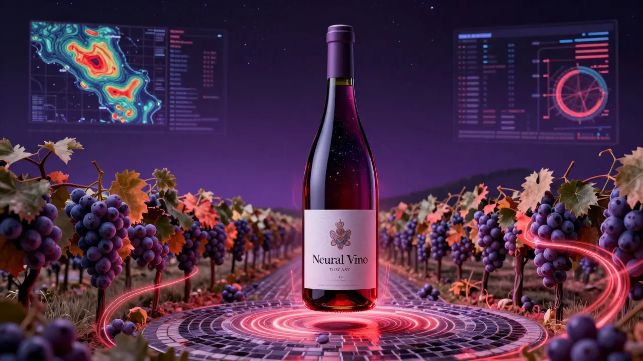A futuristic wine bottle floats above data-driven vineyard patterns.