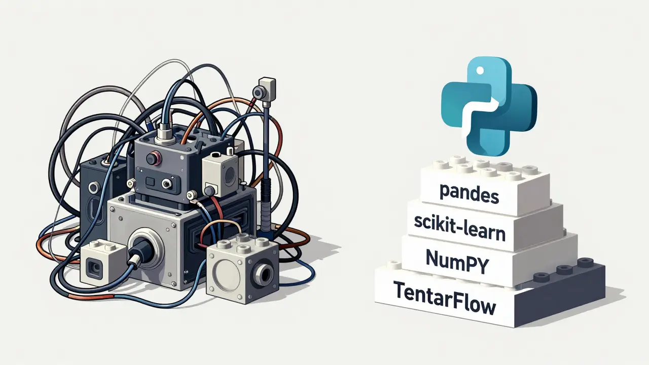 A minimalist illustration showing Python libraries as LEGO blocks simplifying complex AI systems.