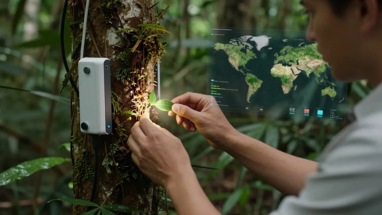 A researcher in the Amazon uses a portable AGI device to identify a plant species without internet.