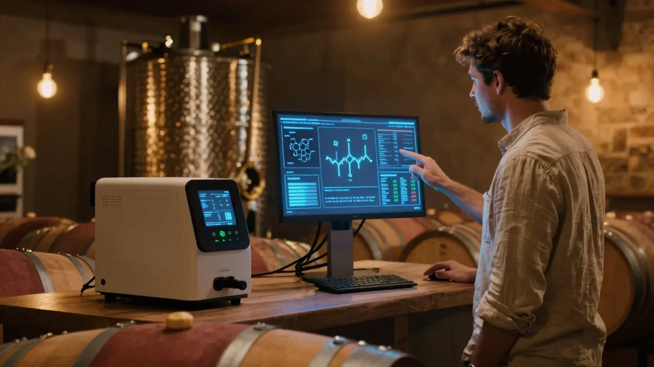A winemaker watches AI data on fermentation in a warmly lit cellar.
