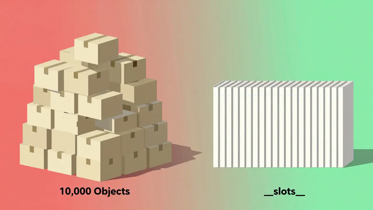 Abstract comparison of memory usage: bloated object stack versus streamlined __slots__ structure.