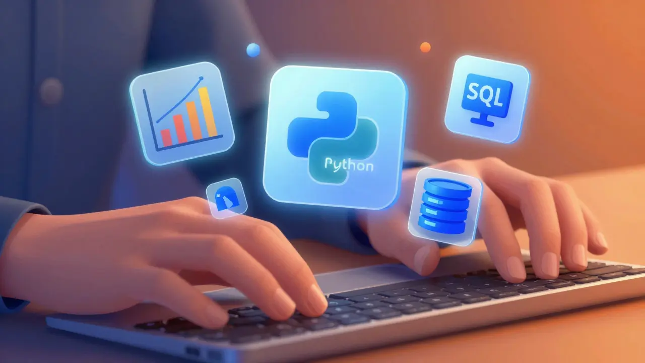 Hands typing code with floating icons for Python, JavaScript, and SQL applications