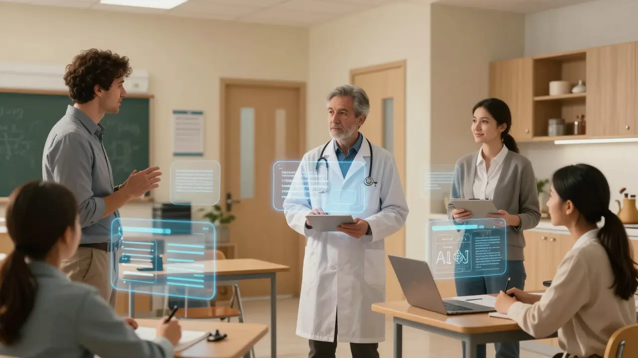 People in daily life interact with invisible AGI systems that enhance education, healthcare, and home automation.