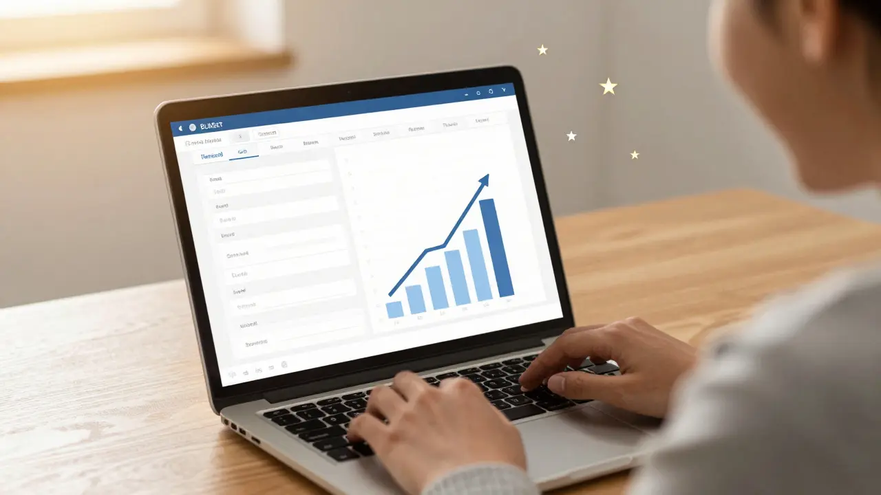 Person building a budget tracker app with career growth symbols
