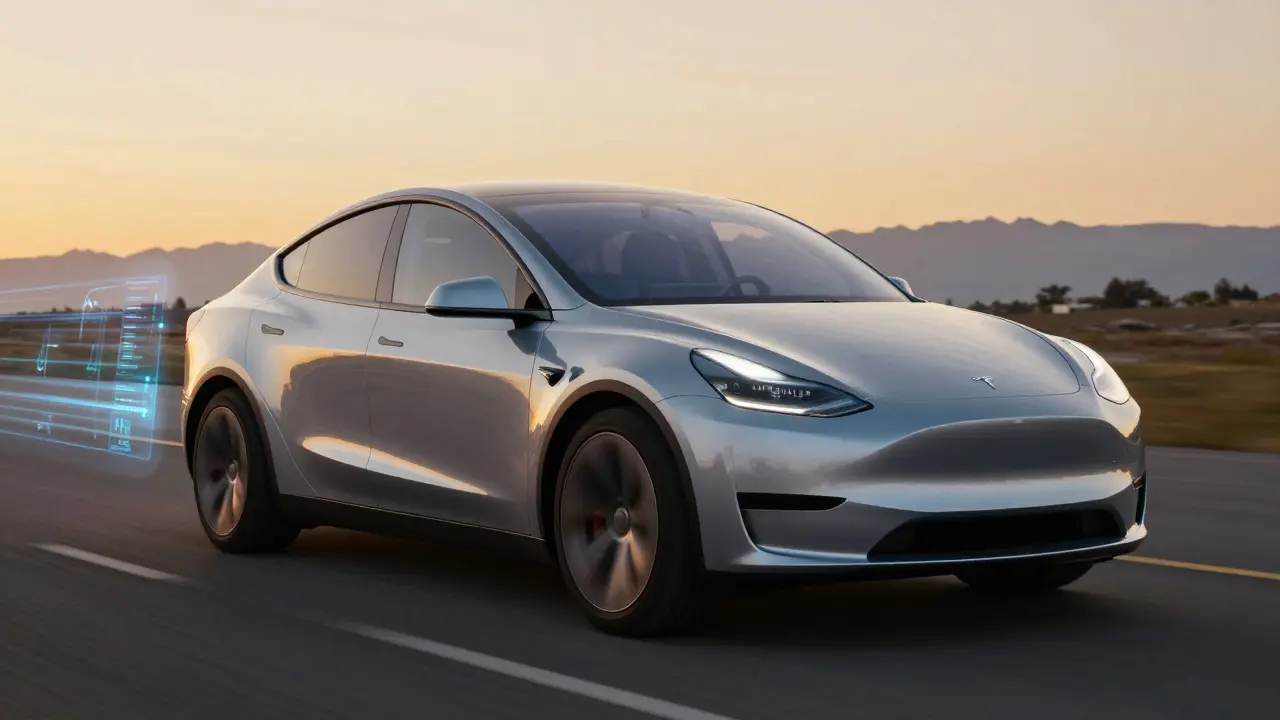 Tesla vehicle driving with glowing sensor data and AI pathways.
