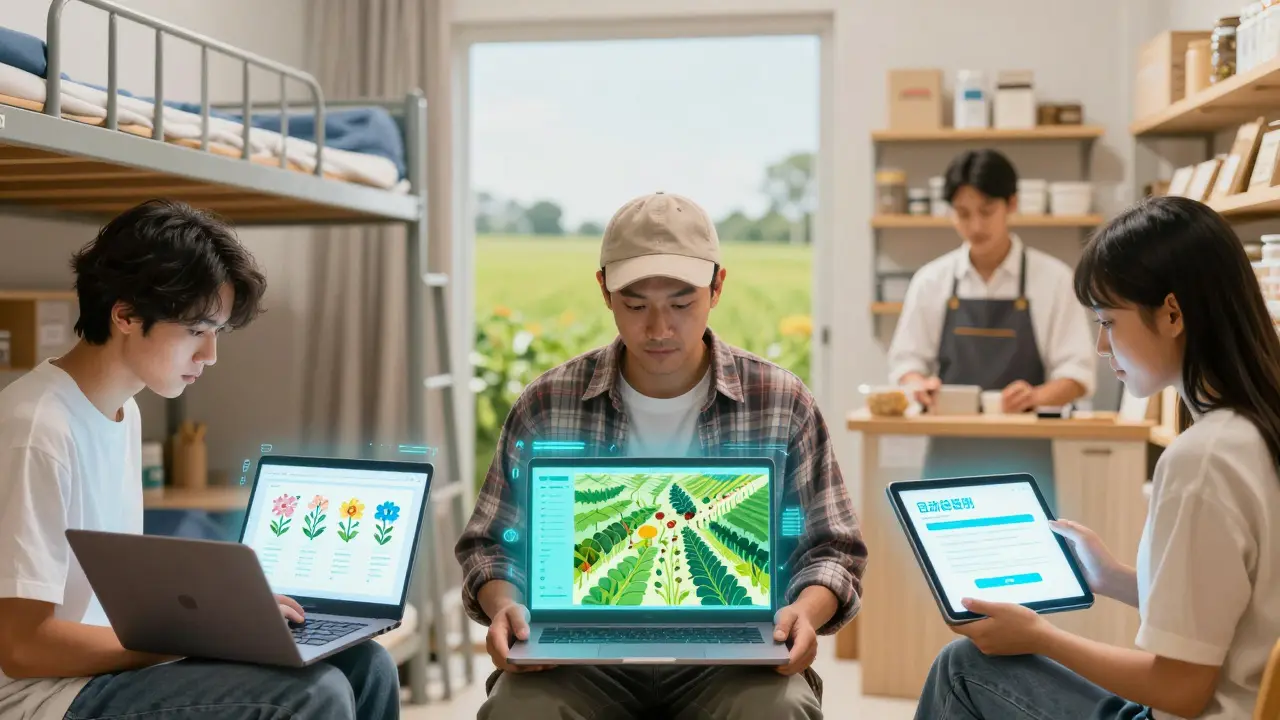 Three people in everyday settings using Python-based AI tools for farming, shopping, and learning.