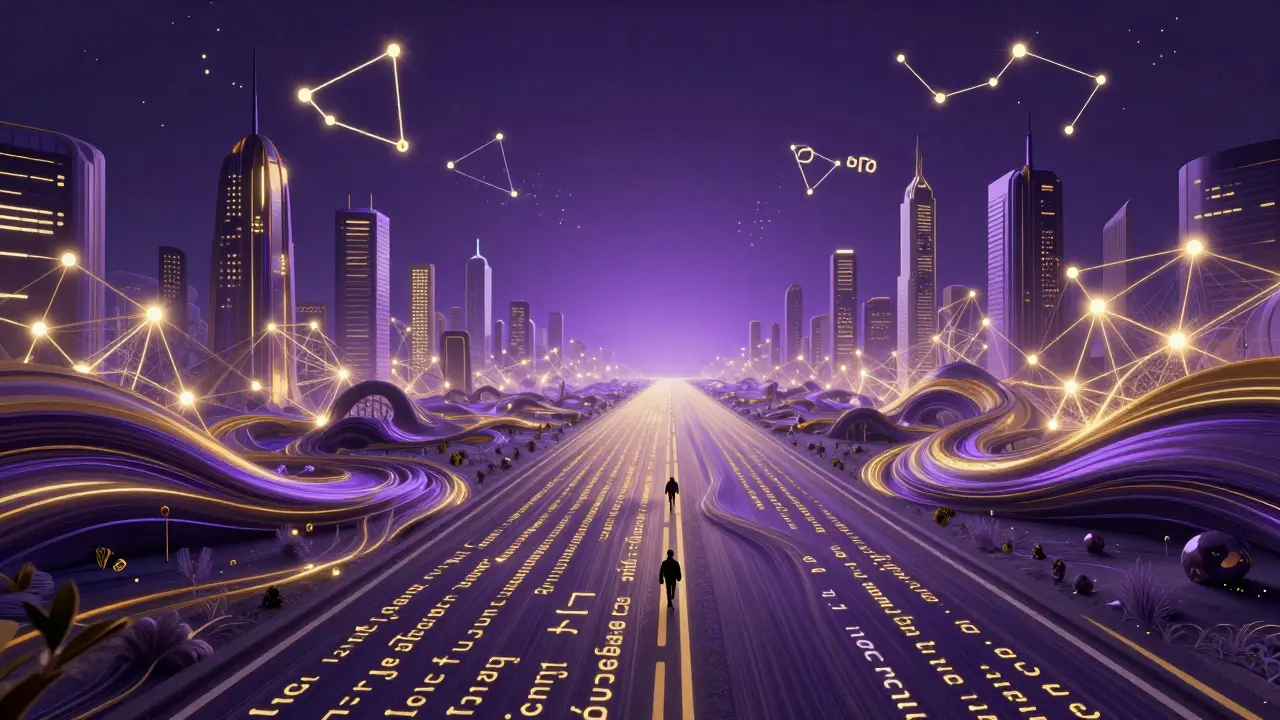 A futuristic landscape made of Python code leading to neural network skyscrapers under a starry sky.