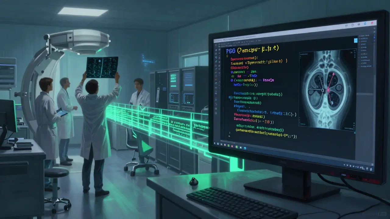 A hospital X-ray and a Python script analyzing it side by side, showing AI detecting a tumor.