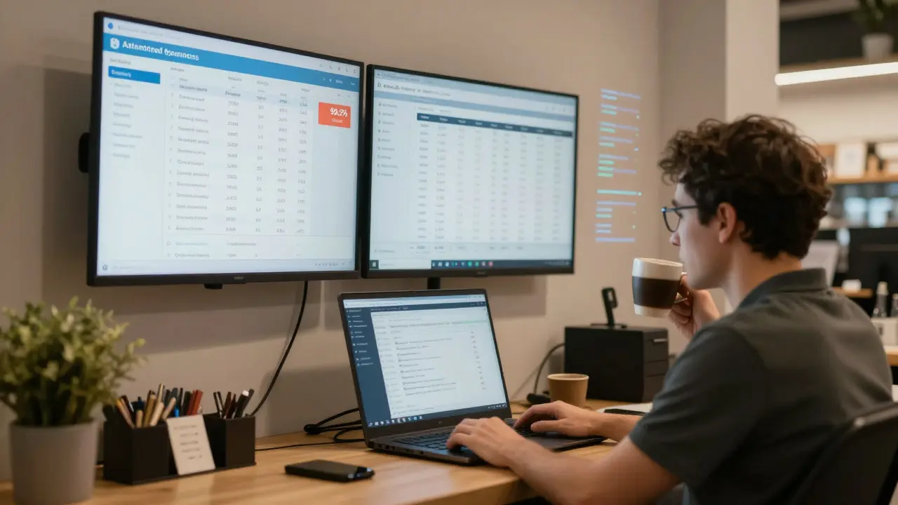 A retail employee monitoring a dashboard with 99.2% accurate transaction matching, surrounded by sales and bank data.