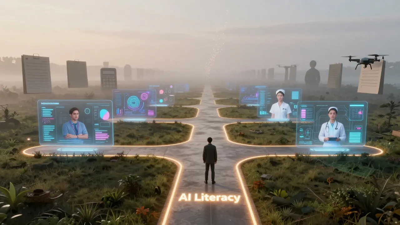 A symbolic pathway showing career growth through AI literacy, with fading old tools and glowing new roles ahead.