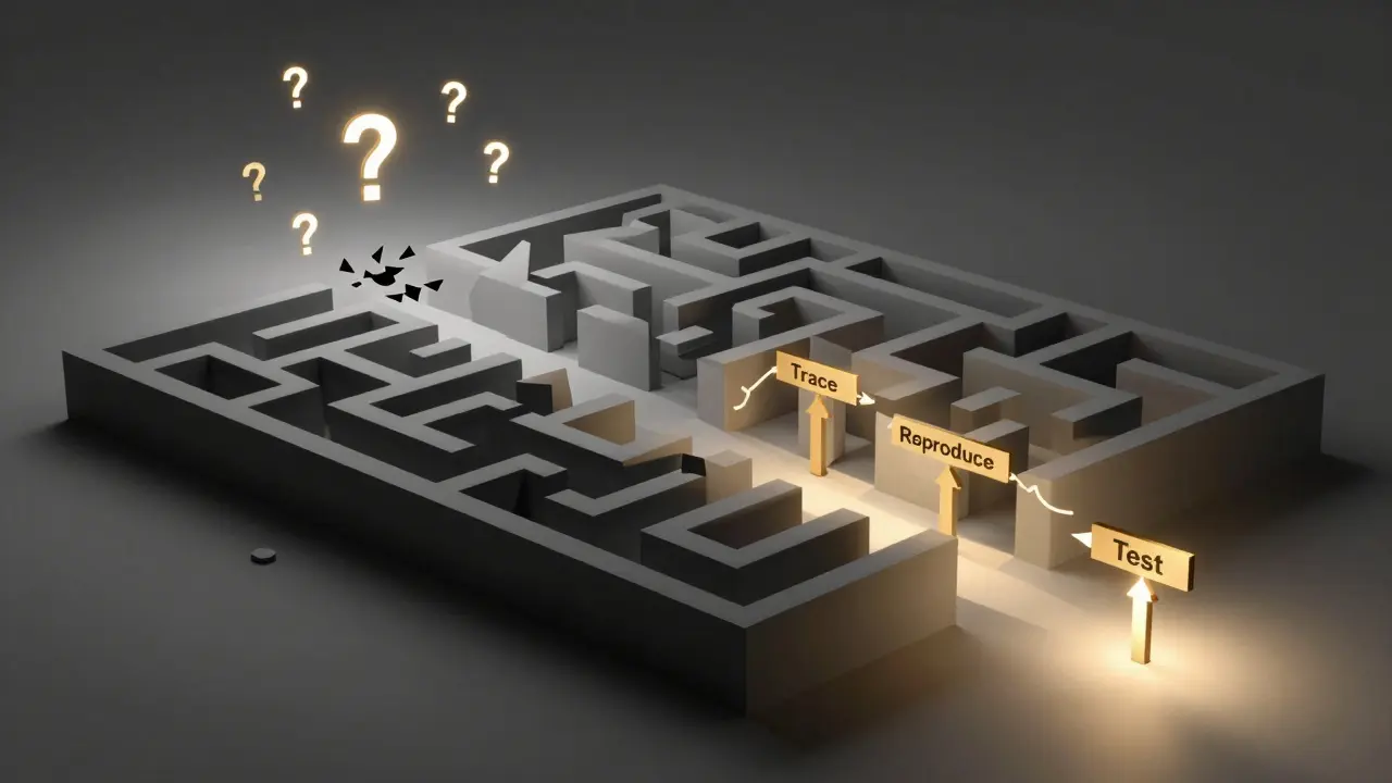 Abstract labyrinth showing chaotic debugging versus a clear, lit path of systematic debugging steps.