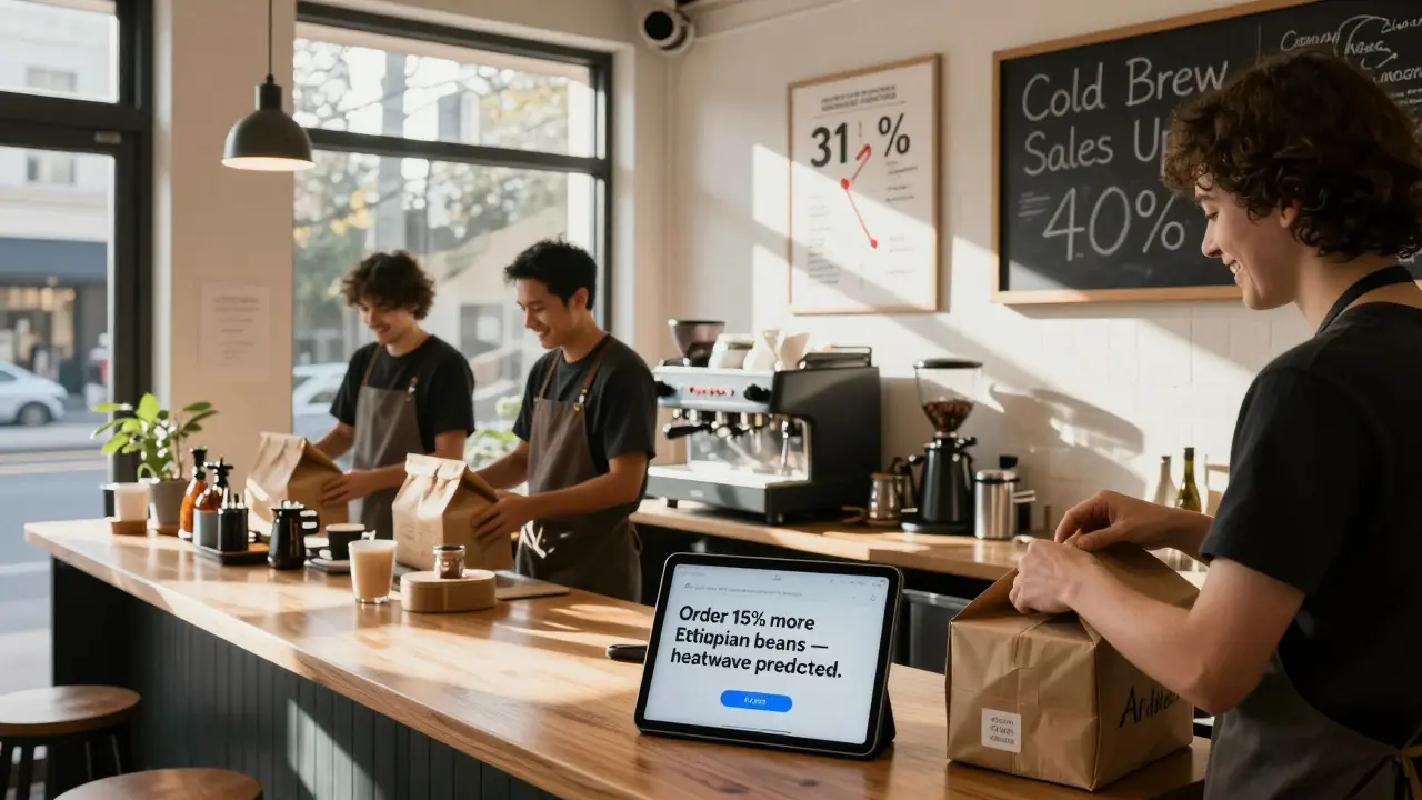 Baristas in a café receiving an AI restock alert for coffee beans as sunlight fills the kitchen.