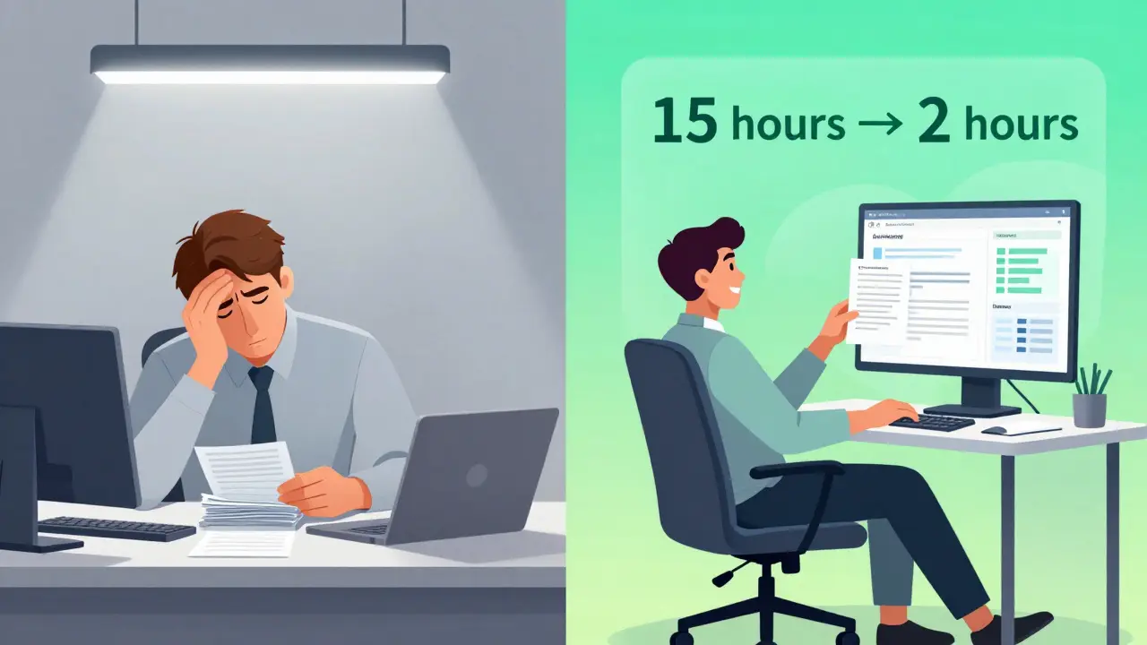 Before-and-after scene of an accountant using AI to automate invoice matching, saving hours of manual work.