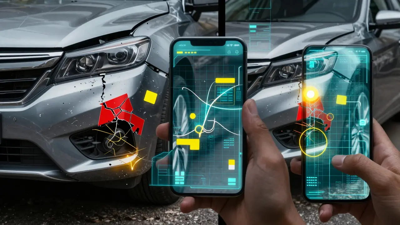 Car damage being analyzed by AI computer vision system with digital overlays