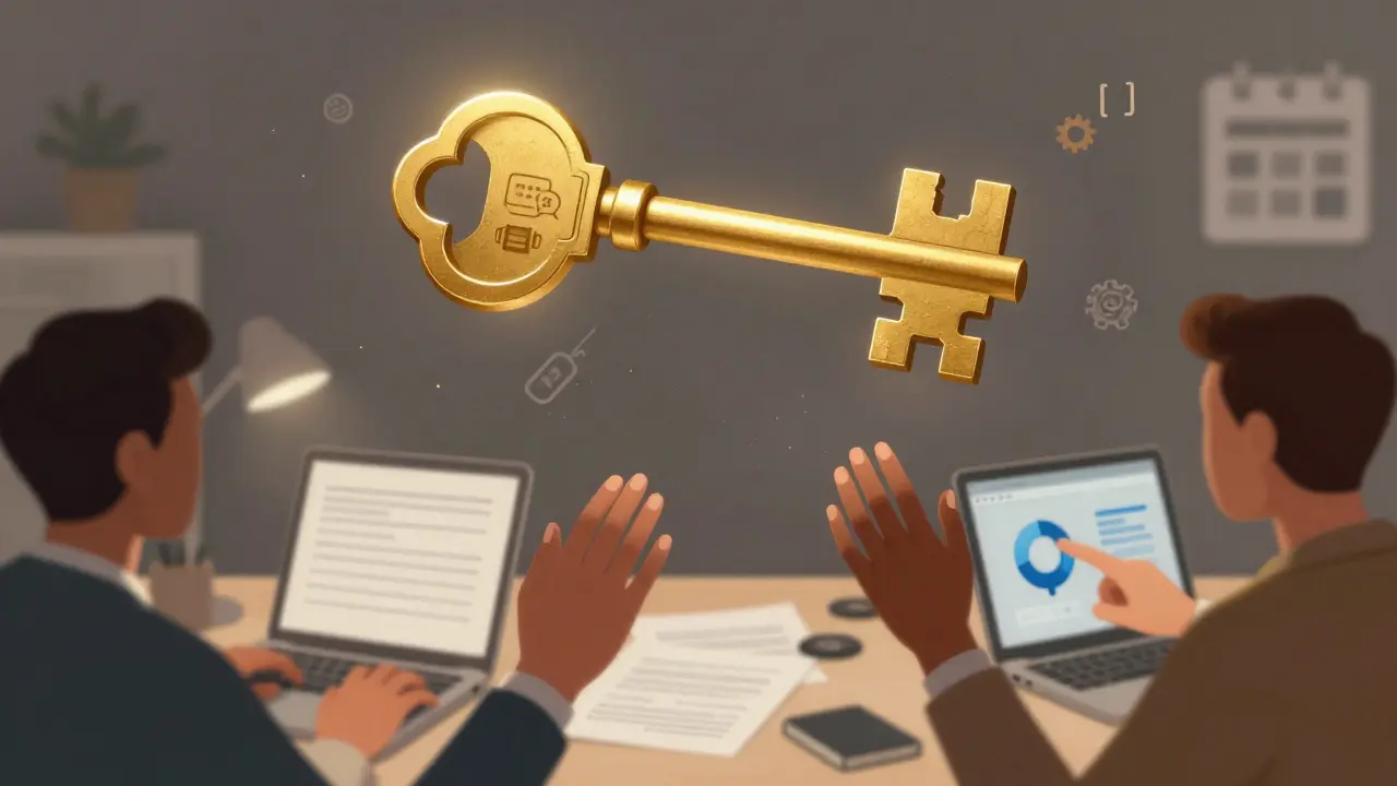 Golden key shaped from AI symbols floating above a cluttered tech workspace.