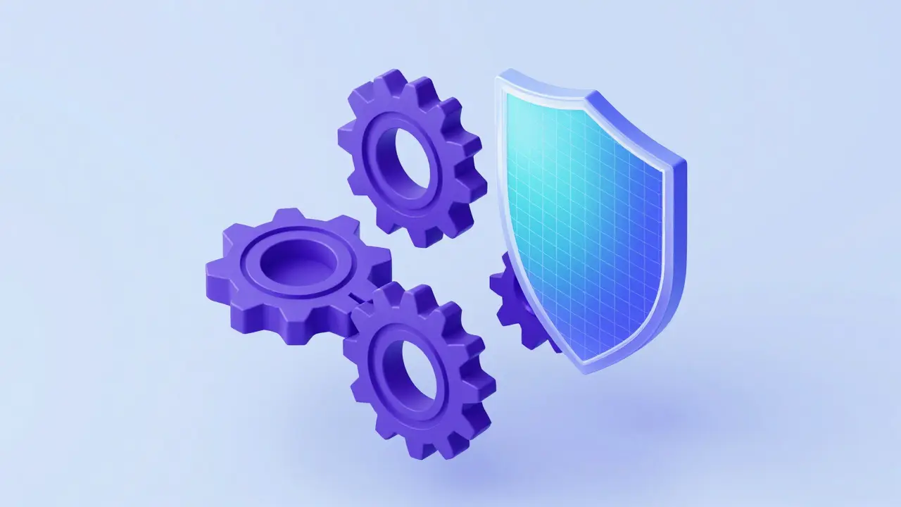 Interlocking gear modules protected by a digital shield in purple.