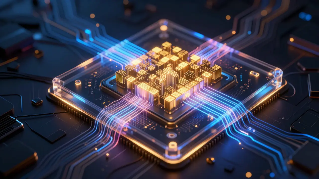 Neon data streams transforming inside a futuristic processor core.