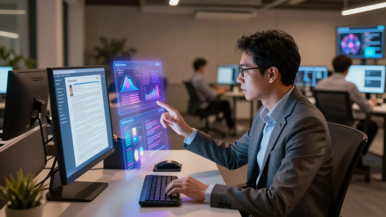 Professional working with holographic AI interface in future insurance workspace
