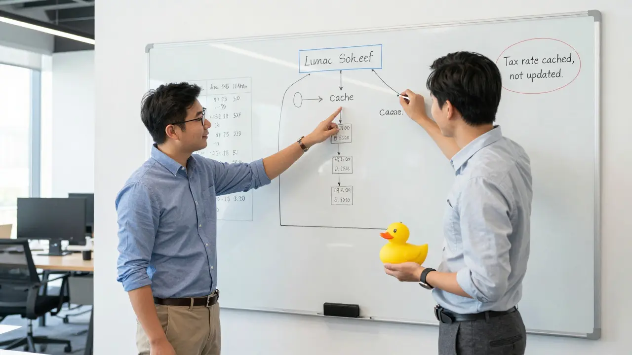 Two developers analyzing a data flow chart on a whiteboard, one holding a rubber duck during debugging discussion.