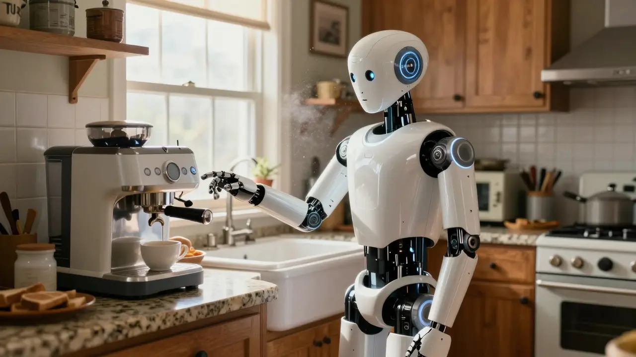 A humanoid robot attempting to brew coffee in a sunlit, realistic American kitchen.