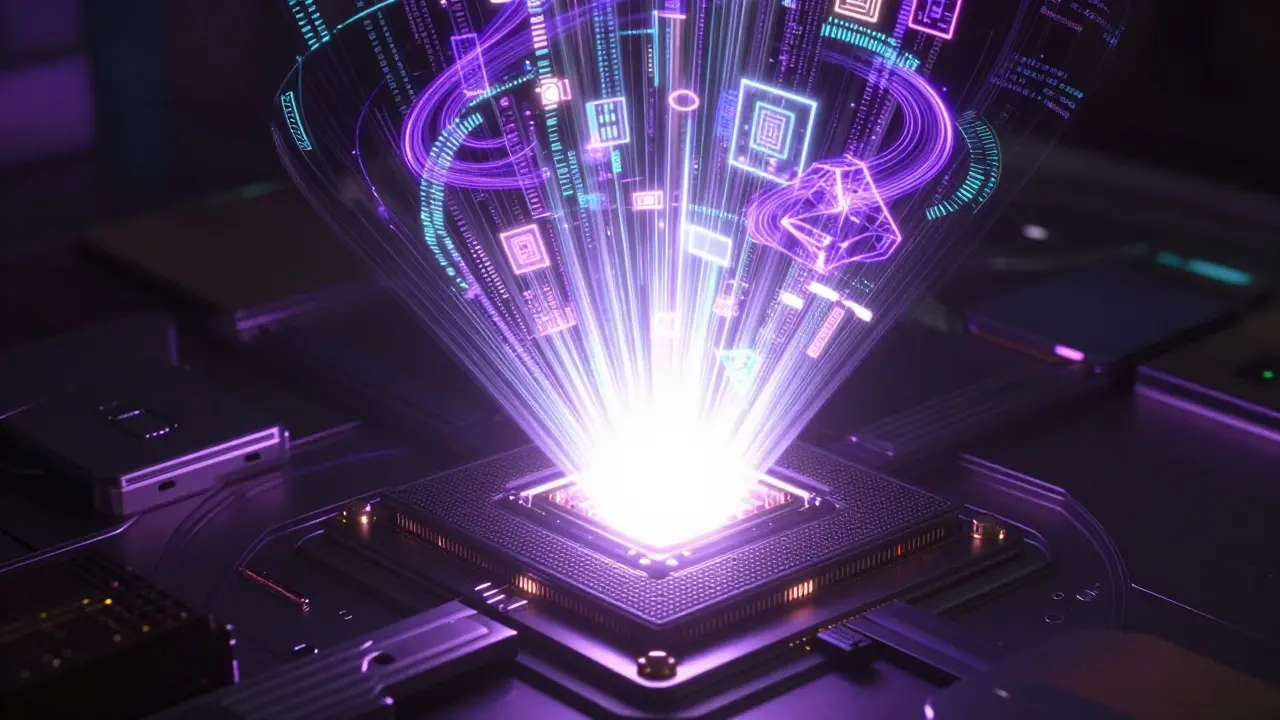 A quantum processor emitting evolving holographic code spirals during a singularity event.