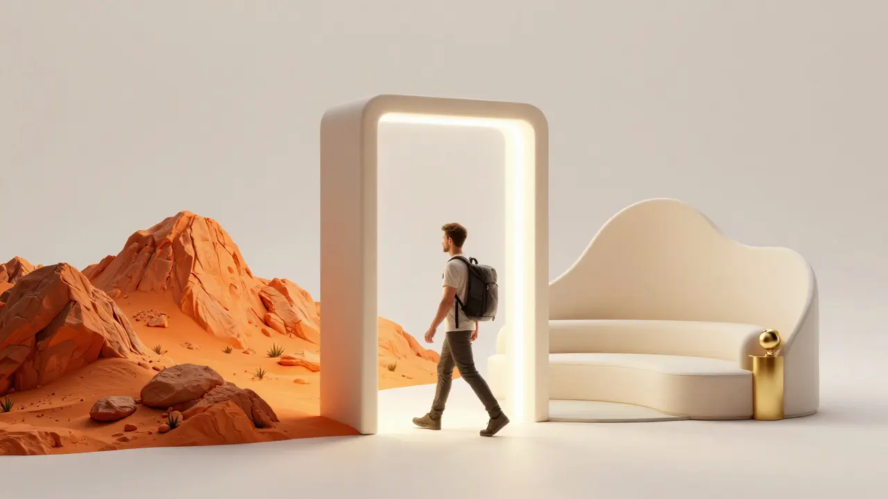 A visual transition between a rugged adventurous brand style and a serene luxury brand style.