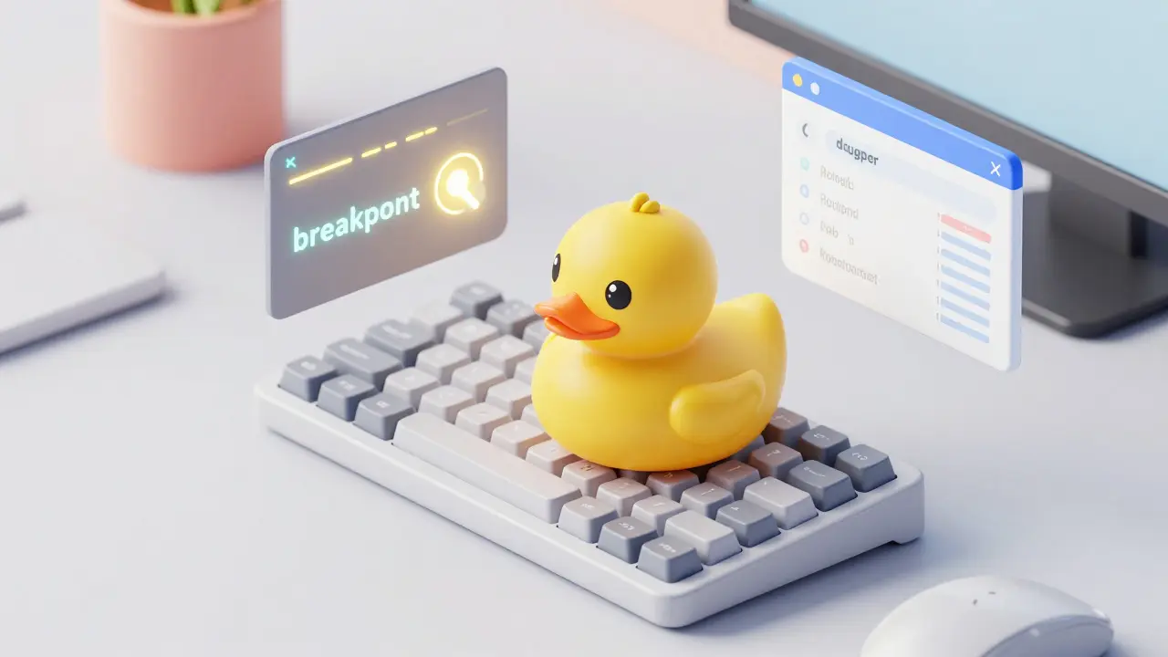 A yellow rubber duck on a keyboard surrounded by floating debugger interface elements.