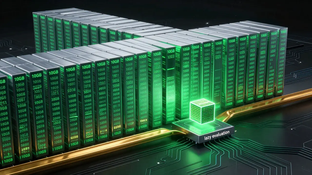 Digital illustration of a generator processing a massive data wall one cube at a time for memory efficiency.