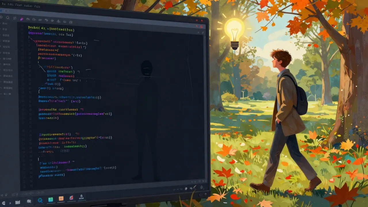 Split image showing a stressed coder and a person walking in a park, symbolizing a mental break.