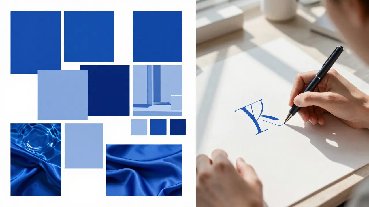 Split view of AI-generated blue mood boards and a designer refining a luxury skincare logo.