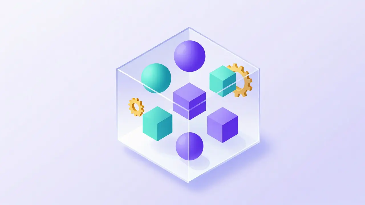 Abstract geometric shapes organized inside a glass cube