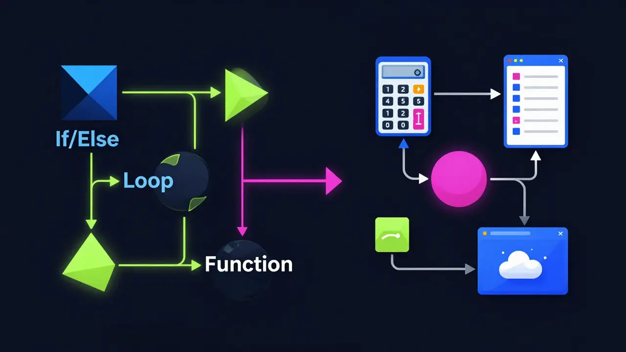 Abstract visualization of coding logic transforming into app projects