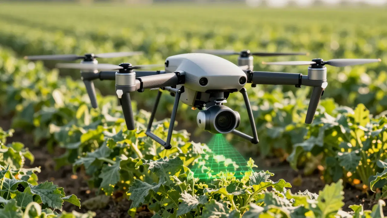 Autonomous drone scanning crops with green laser grids for precision farming