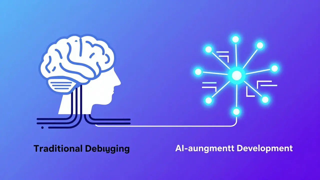 Conceptual graphic comparing traditional vs AI-assisted coding workflows