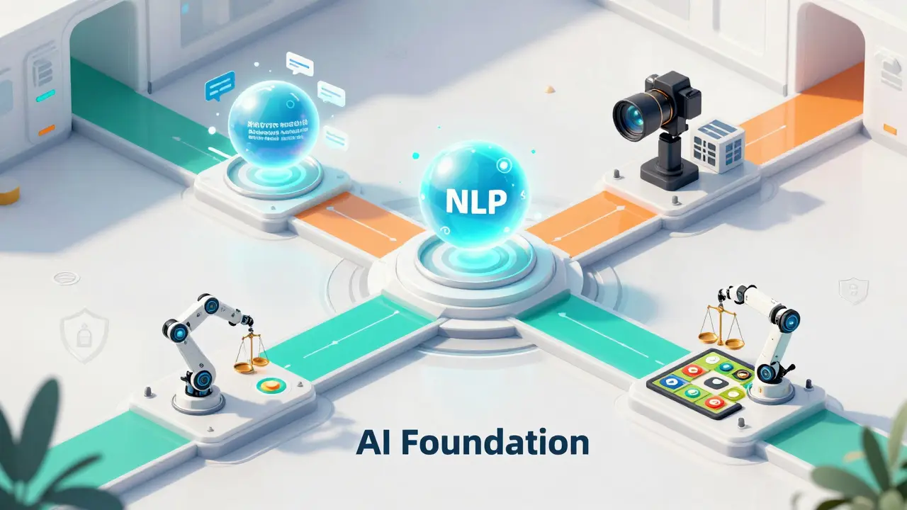 Conceptual paths showing different AI specializations like NLP and Computer Vision.