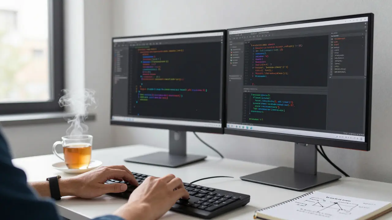 Developer working on Python code for machine learning in a modern office setting.