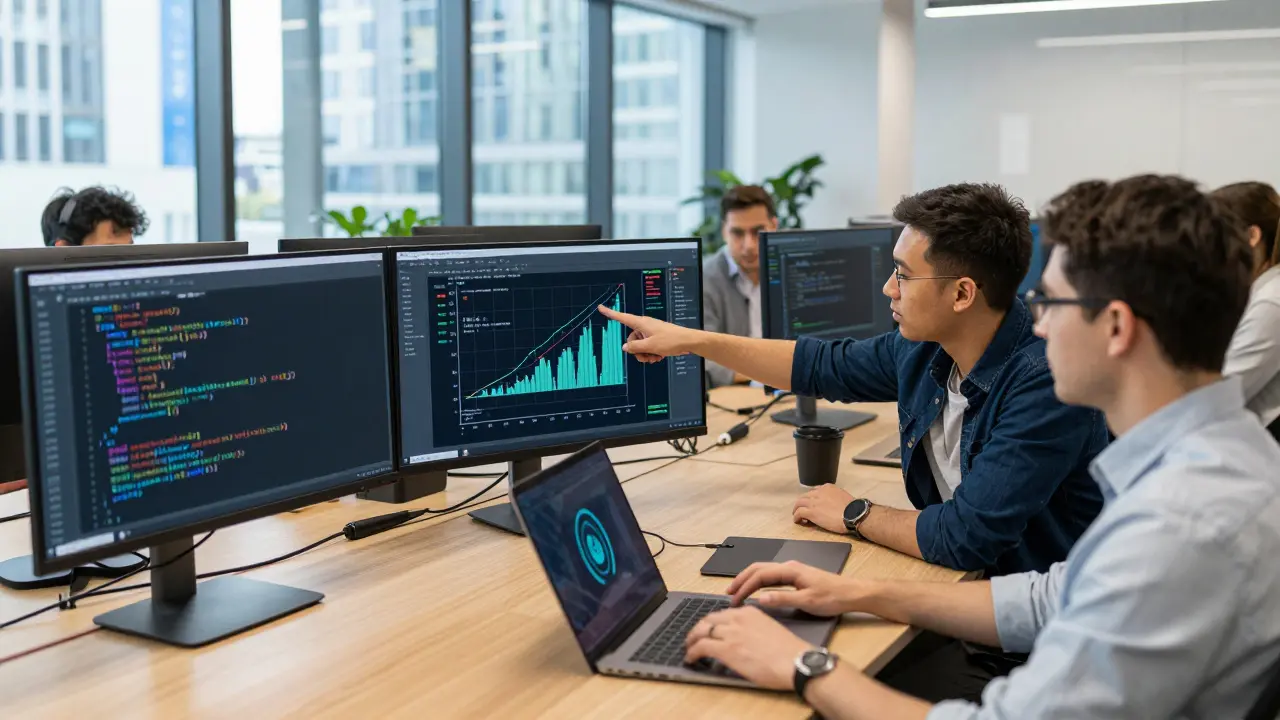Developers collaborating in a modern office analyzing Python AI code and data