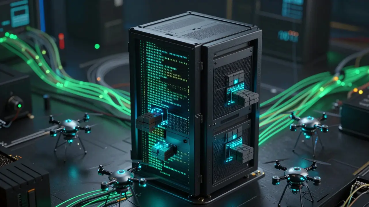 Drones repairing a server structure with cyan lights