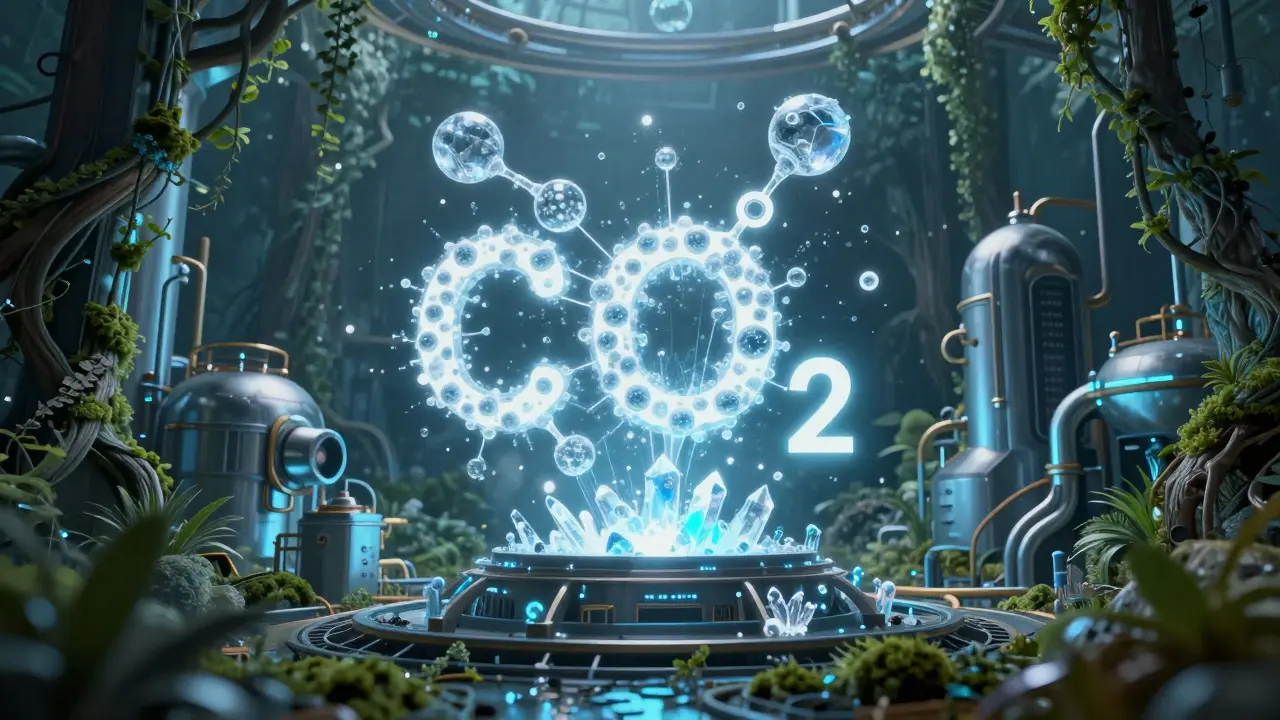 Glowing molecular structures symbolizing AI-driven carbon capture technology