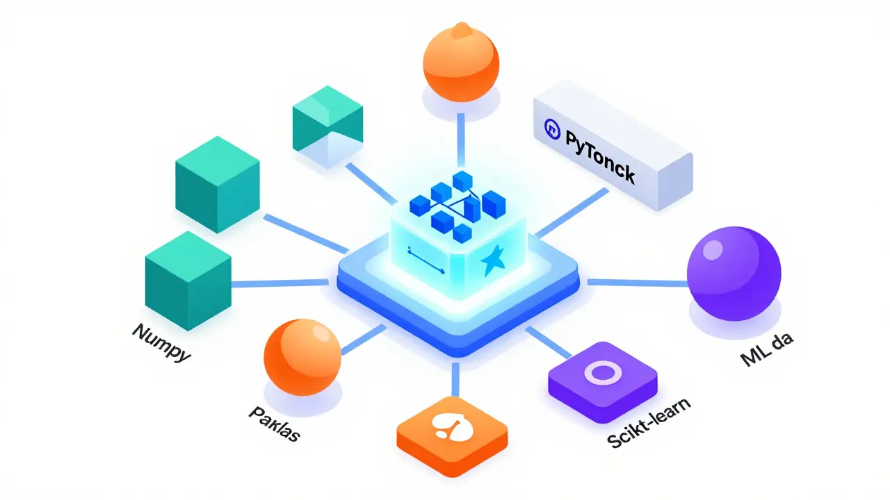 Isometric illustration of Python AI libraries like PyTorch and NumPy connected
