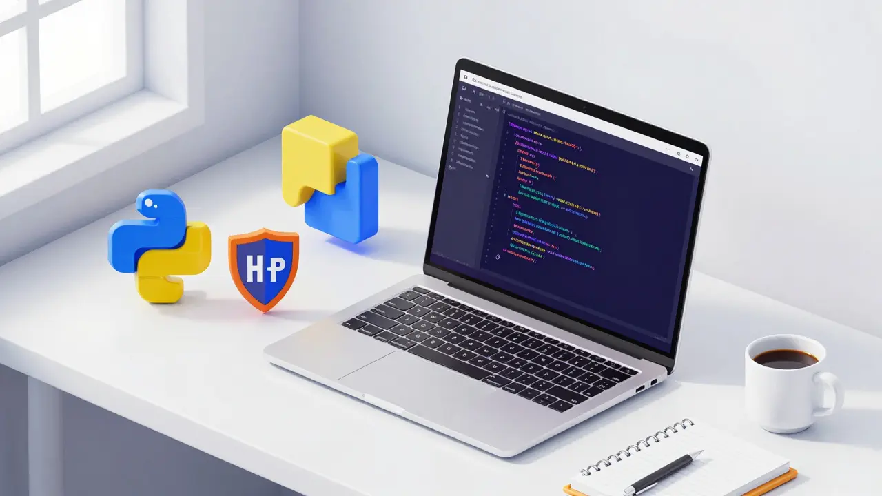 Minimalist desk with laptop showing code editor and programming language icons