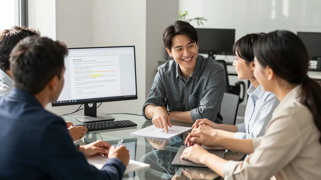 Team collaborating with AI assistance in a modern office setting