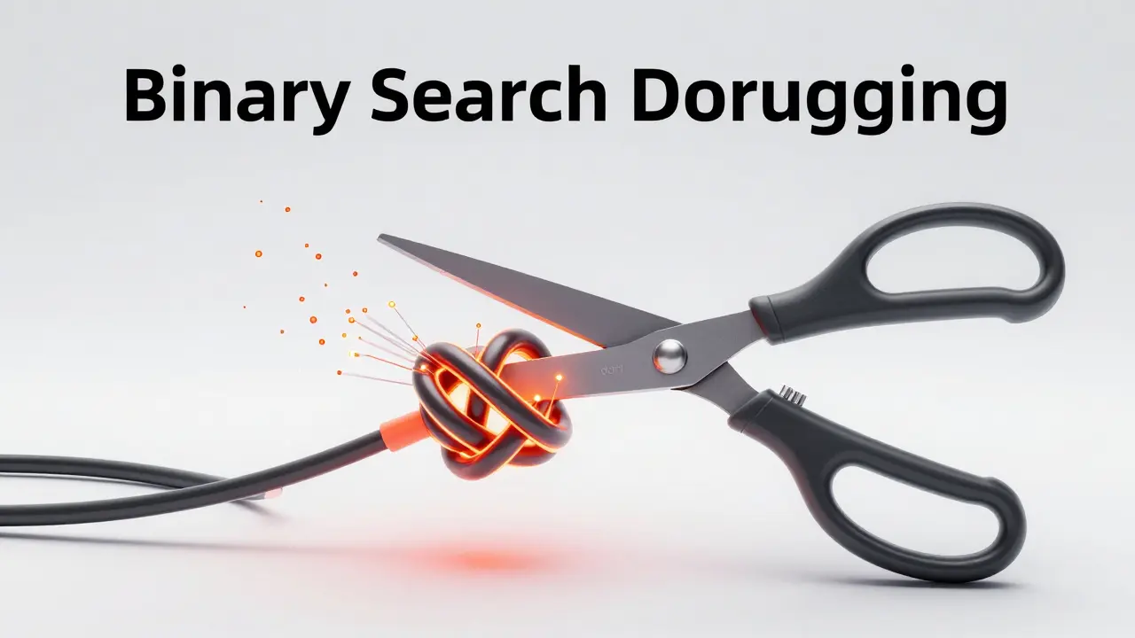 Abstract 3D visualization of binary search debugging isolating a code error in glowing cables