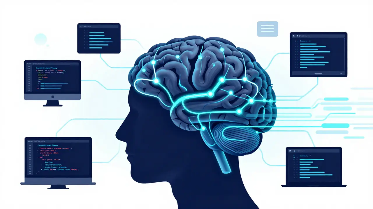 Abstract illustration of brain connecting with AI tools and code streams