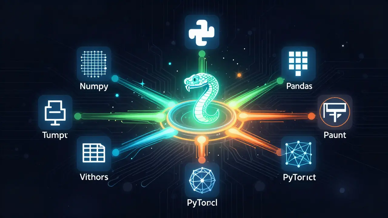 Abstract illustration of Python connected to AI libraries like NumPy and PyTorch