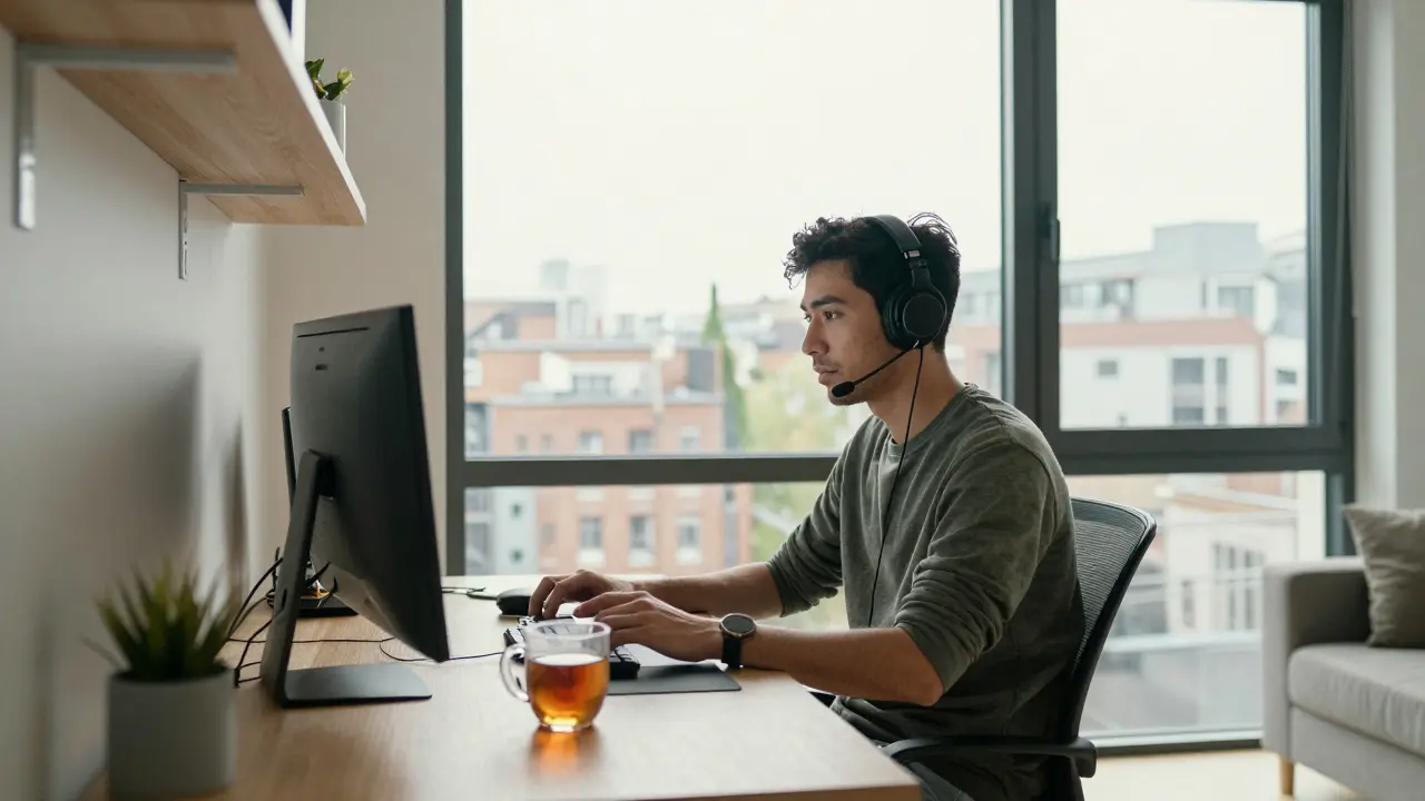 Focused programmer working deeply in a sunlit modern home office